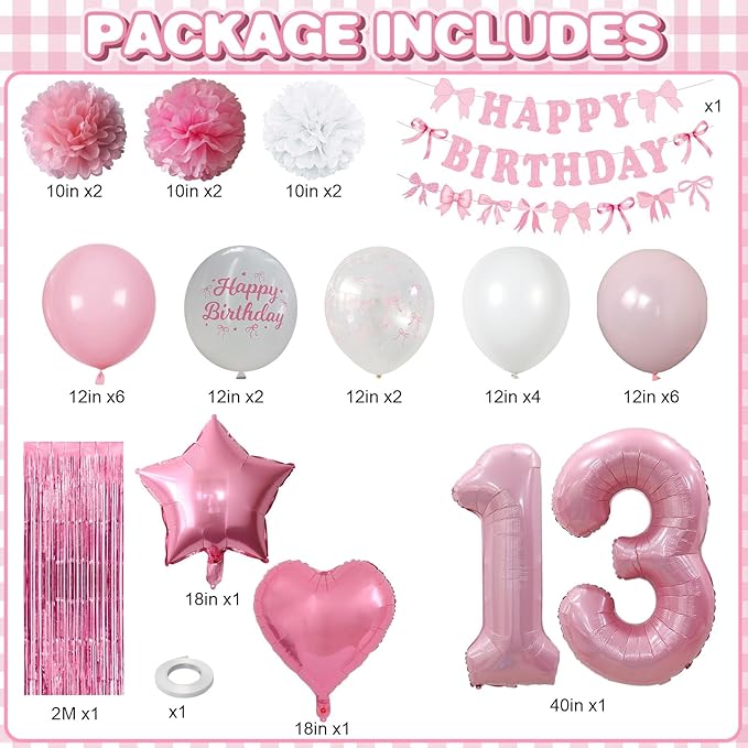 13th Birthday Decorations for Girls Pink Number 13 Balloon Bow Coquette Happy Birthday Banner Fringe Curtain Paper Pom Poms Star Heart Foil Pink White Balloons 13 Year Old Party Decor