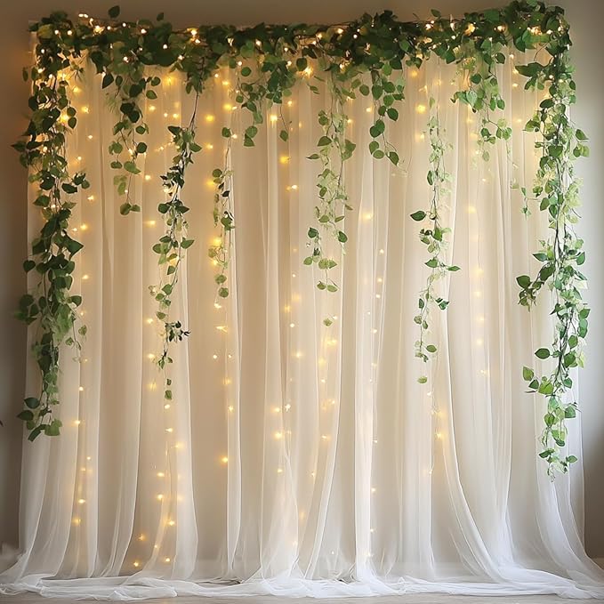 10x10ft Ivory Tulle Backdrop Curtain with String Lights, Wrinkle-Free Sheer Wedding Backdrop for Birthday Parties, Baby Showers, Bridal Showers, Photo Shoots and Home Decorations, Ivory