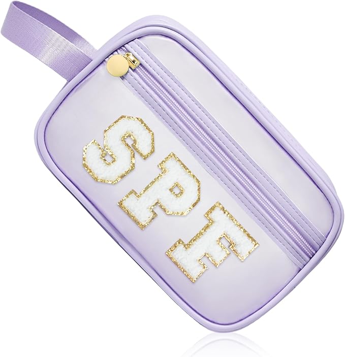 COSHAYSOO Clear Sunscreen Bag Makeup Toiletries Pouch Beach Vacation Essentials Summer Travel Stuff Accessories Personalized Graduation Gifts for Her Women College Teen Girls Teacher Nurse Purple SPF