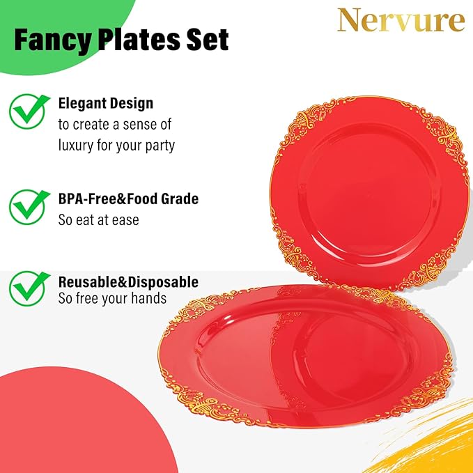 Nervure 350PCS Red Plastic Plates - Red Gold Plastic Dinnerware Sets for 50 Guests - 100 Gold Disposable Plates, 50 Pre Rolled Silverware Sets, 50 Cups Perfect for Wedding & Party