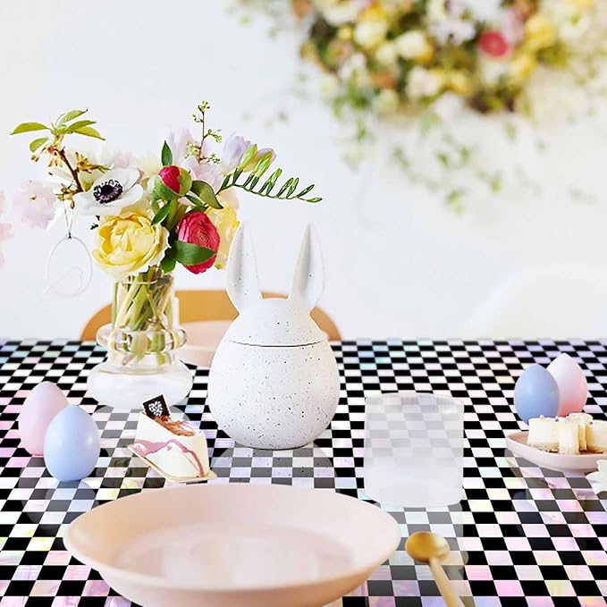 2 Pack Black and Iridescent Checkered Tablecloth Shiny Disposable Holographic Foil Table Cloth Plastic Laser Rectangle Table Cover for Picnic Birthday Party Race Car Tablecloth