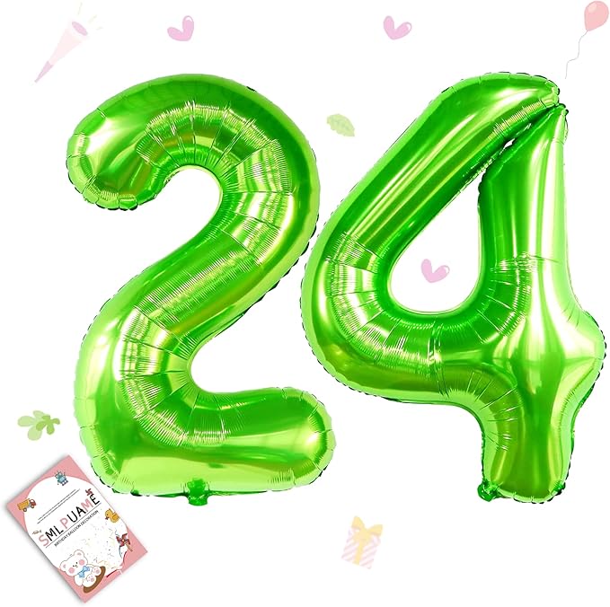 Smlpuame 40 inch Number Balloon 0-9 Green Large Number 24 Balloons,Digital Balloons for Birthday Party Celebration Decorations Supplies, Helium Foil Number Balloons for Wedding Anniversary