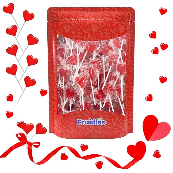 Fruidles Lollipops Mini Red Heart Shaped Strawberry Flavored Individually Wrapped, 5g 30 Lollipops Half-Pound