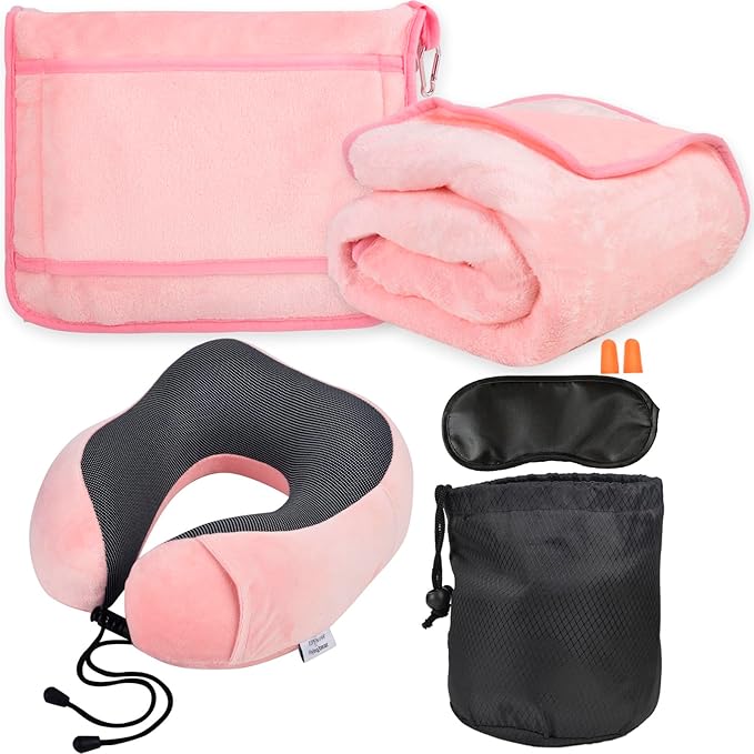Travel Blanket and Pillow Set - Travel Neck Pillow & Blanket for Airplane, Thick Fleece Blankets Campact with Bag, Memory Foam Neck Pillows, Sleep Mask, Earplugs for Plane Traveling Essentials, Pink