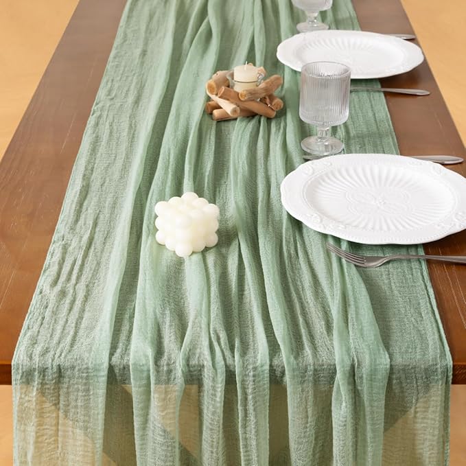 Socomi 6pcs Sage Green Cheesecloth Table Runner Gauze Valentine's Day 120 Inch Rustic Boho Cheese Cloth Runner for Wedding Party Baby Bridal Shower Centerpiece Decoration Holiday Home Decorations