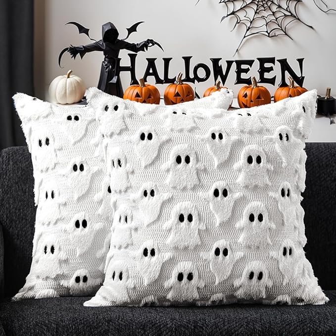 DFXSZ Halloween Pillow Covers 16x16 inch Set of 2 White Ghost Throw Pillow Cases Soft Plush Faux Fur Wool Couch Cushion Case for Chair Sofa Bedroom Living Room Home Decor PTK03A16