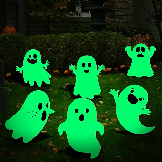 6 Pcs Halloween Yard Stakes Glow in The Dark with Green Fluorescent Layer Waterproof Plastic Cute Outdoor Sign Halloween Decorations for Lawn Patio Yard Garden Decoration (Ghost)