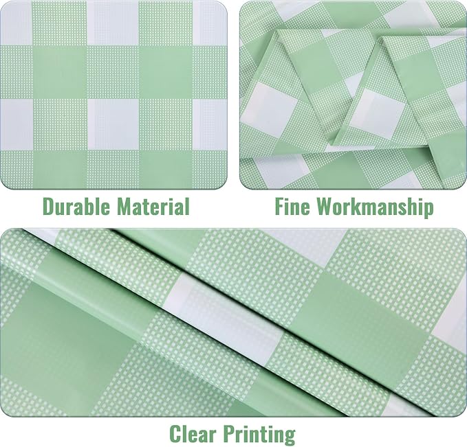Kesfey 3 Packs Sage Green Gingham Tablecloth Sage Green and White Checkered Table Cloths 54 x 108 Inches Disposable Plastic Gingham Tablecovers Waterproof Picnic Camping Table Covers for Baby Shower