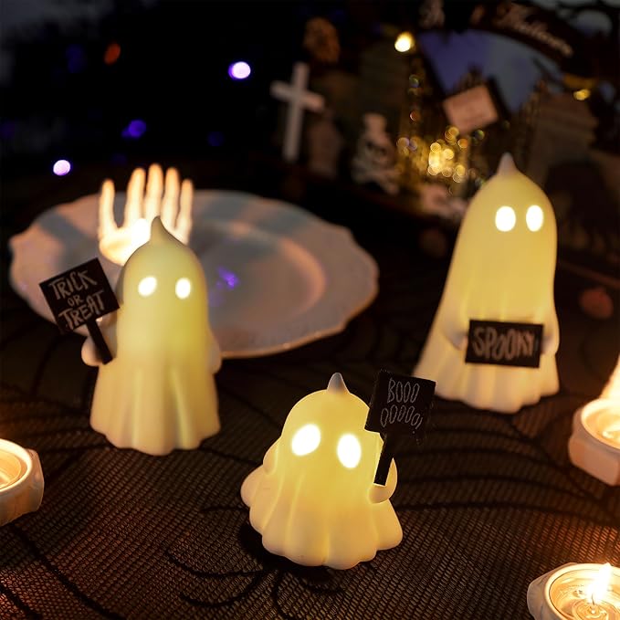 FORUP Halloween Ghost Decor, Set of 3 Lighted Cute Ghost for Halloween Indoor Home Table Decorations