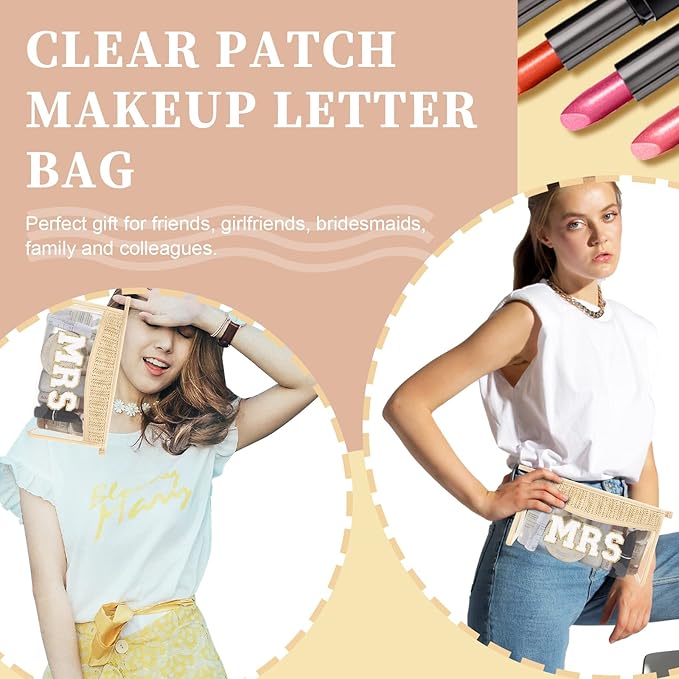 Bride Patch MRS Clear Makeup Letter Bag, Boho Patch Waterproof Zipper Make up Bag Toiletry Pouch for Women Girls, Clear Letter Patch Cosmetic Bags Transparent Organizer Pouch for Travel(MRS, Beige)