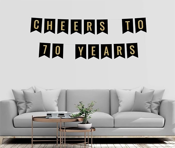 Andaz Press Faux Gold Glitter on Black Birthday Party Banner Decorations, Cheers to 70 Years, Approx 5-Feet, 1-Set, 70th Birthday Milestone Colored Hanging Pennant Decor
