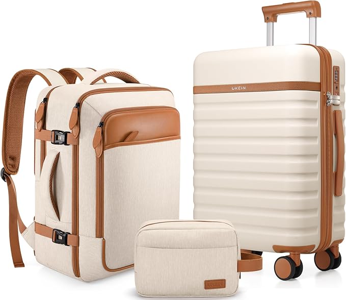 UKEIN Luggage Sets 3 Piece, Carry On Luggage 20In With Spinner Wheels,PC Hardside Suitcase Set with TSA Lock,Durable Carry On Suitcase With Travel Backpack for Men (Beige, 3 piece set (20inch))