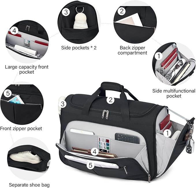 Hanke Carry On luggage Bags for Travel, Large Foldable Duffle Bag for Travel, Softside Lightweight Travel Bag Carry On Bags for Airplanes Women, Travel Tote Bags for Women Men.（Black）