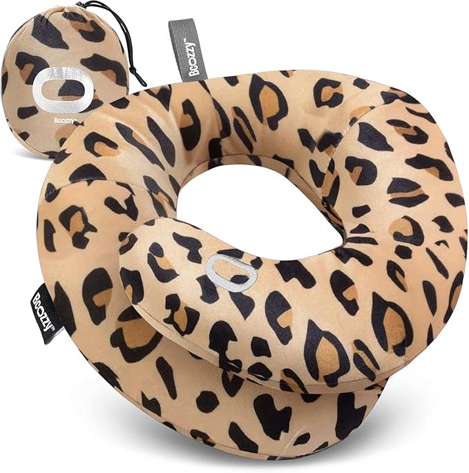 BCOZZY Travel Neck Pillow for Airplane – Patented Double Support for Head, Neck, and Chin. Best for Long Flights, Plane Sleeping, and Car Rides. Adjustable Size. Washable. Carry Bag. Large, Leopard