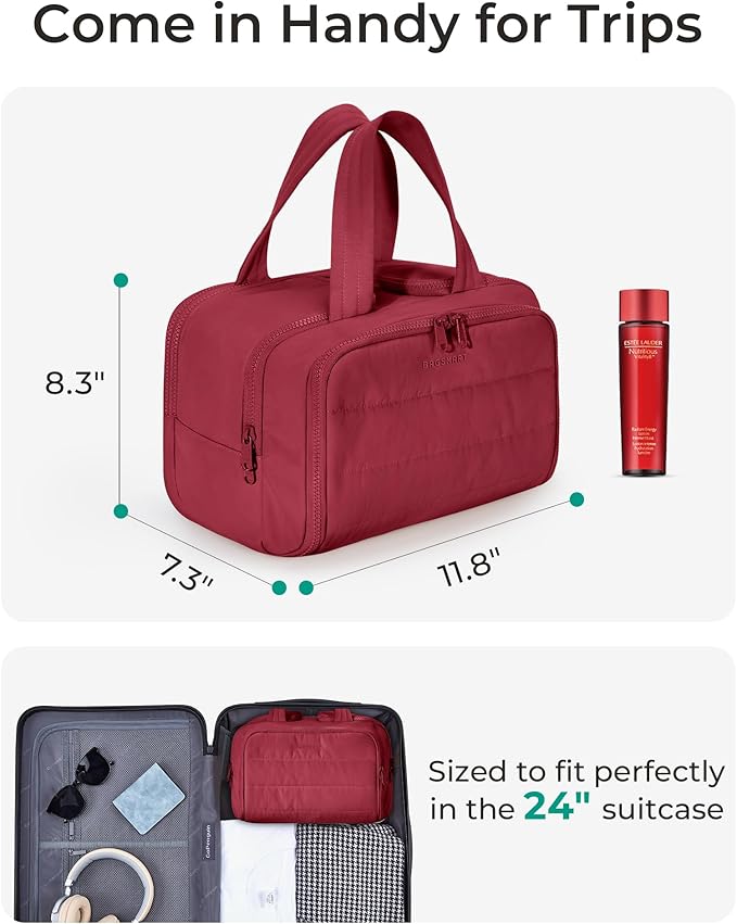 BAGSMART Travel Toiletry Bag, Puffy Toiletry Bag for Women, Wide-open toiletry bags for traveling, Large Travel Cosmetic Makeup Bag Organizer for Accessories,Toiletrie (Vintage Berry)