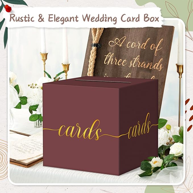QIKSION Maroon Graduation Card Box, Gold Foil Gift Card Box for Graduation, Party, Wedding Reception, Birthday, Baby Shower, Raffle