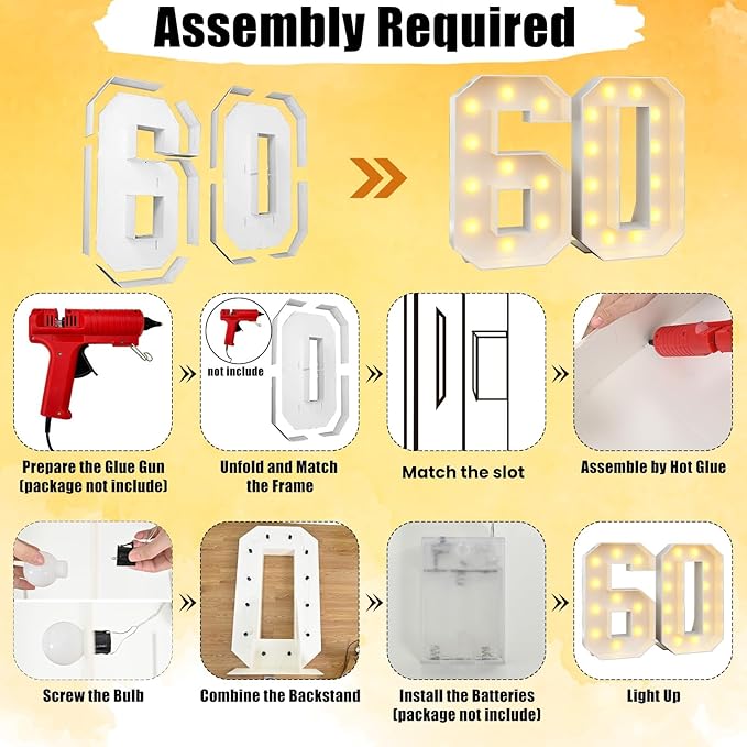4ft Light Up Numbers 60 Numbers with Lights Bulbs White Slot-in Marquee Frame for Men Women 60th Birthday Party Decorations Pre-Cut Mosaic Cardboard Large Cut-Out Thick Foam Board Sign Anniversary
