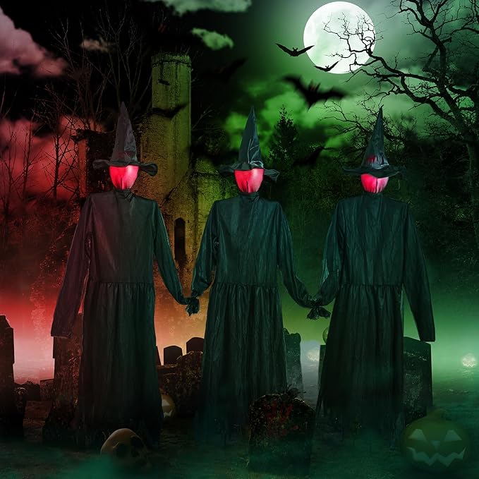 Halloween Decorations Outdoor 3PCS Light Up Witches Holding Hands Witches with Stakes, Scary Screaming Witches with Glowing Face, Creepy Halloween Party Props Decor for Yard Garden Outside Lawn Porch