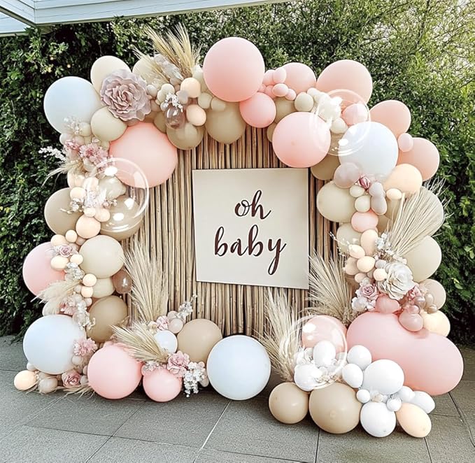 Pink White Sand Balloon Garland Double Stuffed Pastel Pink Cream Beige Balloon Arch Kit Boho Light Blush Nude Balloons for Baby in Bloom Baby Shower Women Birthday Wedding Party Decor
