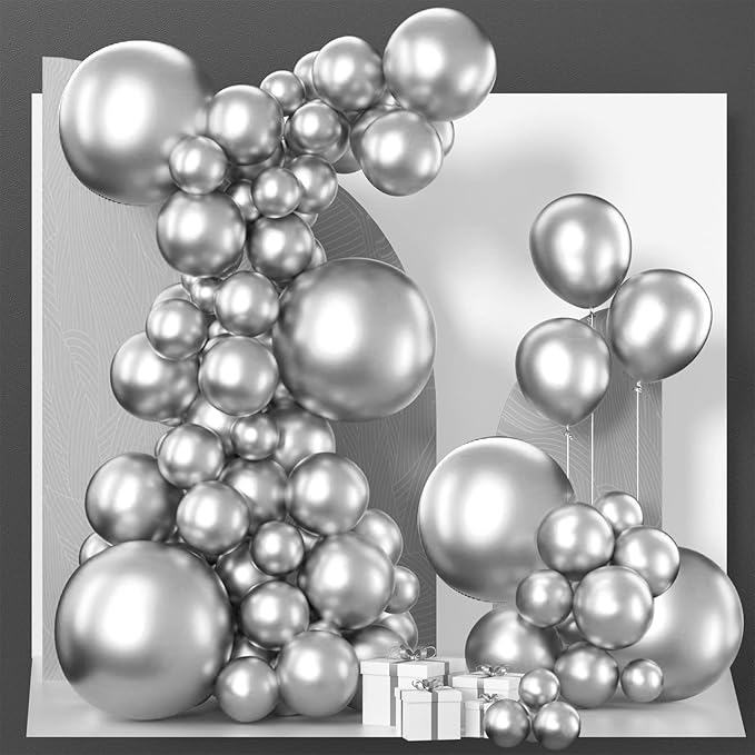 PartyWoo Silver Balloons 140 pcs Different Sizes of 18 12 10 5 Inch Silver Balloon Arch Kit Garland for Birthday Graduation Bachelorette Engagement Bridal Shower Wedding Party Decorations Silver-G102