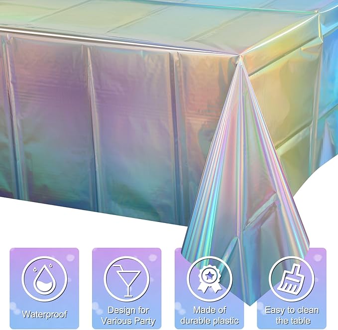 6 Pack Iridescent Pastel Plastic Tablecloth, Shiny Disposable Laser Rectangle Table Covers, Holographic Foil Tablecloth Iridescent Party Decorations for Spring Easter Baby Shower Birthday, 54x108Inch