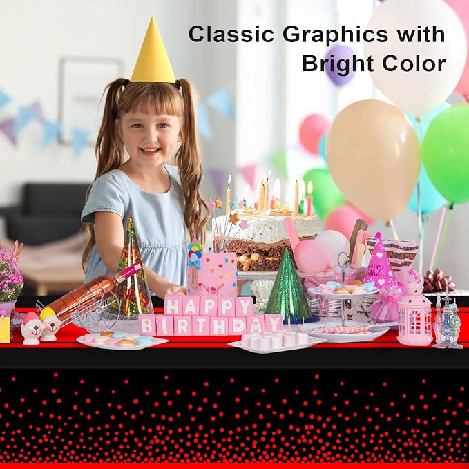 2 Pack Black and Red Tablecloth Party Decorations Plastic Black Tablecloth Printed Red Table Runner 54 x108 Inch Disposable Rectangle Table Cover for Birthday Wedding Graduation Anniversary
