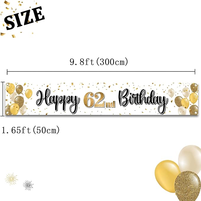 Happy 62nd Birthday Decorations,62nd Gold Balloon Large Birthday Hanging Banner Sign - Cheers to 62 Years Old Bday Party Supplies.
