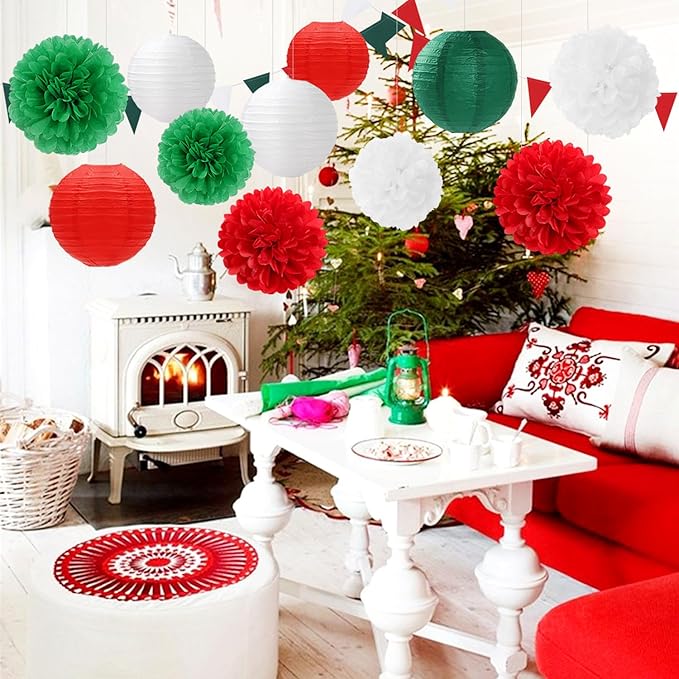 Red-Green White Party-Decorations Christmas Flowers Lanterns - 15PCS Italian Mexican Independence Day Paper Tissue Pom Poms Streamers,Mexico Italy Birthday Baby Shower Wedding Hanging Decor Hugfond