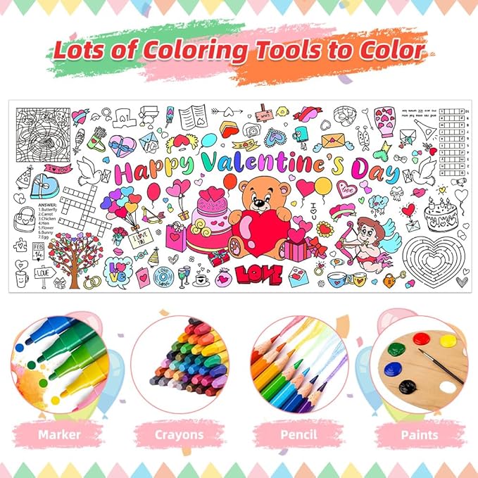 Valentines Coloring Tablecloth/Poster, 2 PCS Valentines Day Gifts for Kids Classroom, Valentines Day Decorations, 72"x30" Giant Paper Coloring Banner Tablecloth Crafts Activities for Party Decorations
