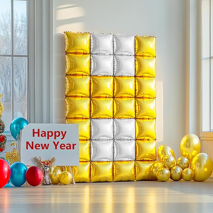 NISOCY 25PCS Gold White Square Foil Balloons Wall Backdrop Double Sided Gold Pearl White Balloon Arch Kit for Birthday New Year Wedding Engagement Bridal Shower Party Decorations
