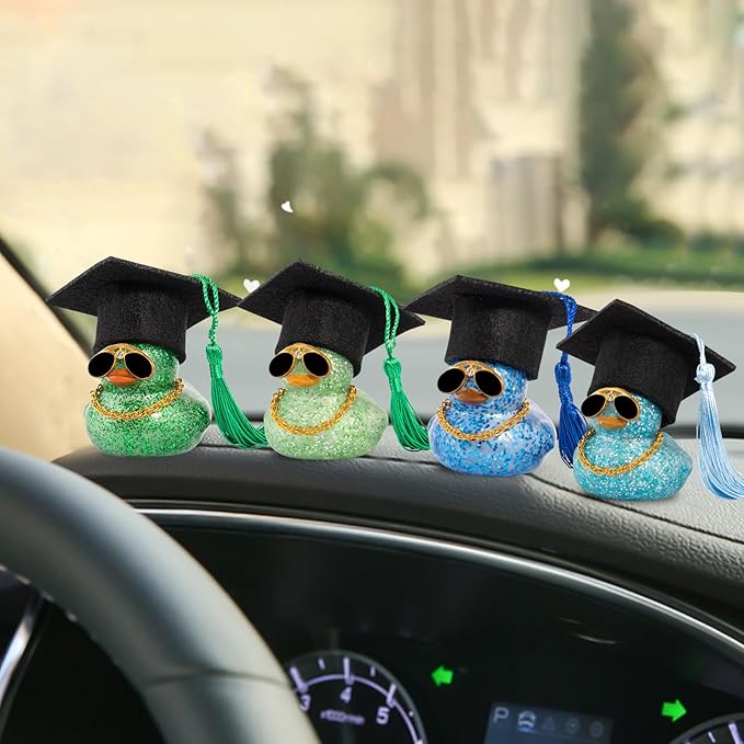 wonuu Car Dashboard Decor Graduation Hat Color Rubber Duck, Car Ducks Ornaments with Mini Graduation Hat Necklace Sunglasses (Dark Blue)