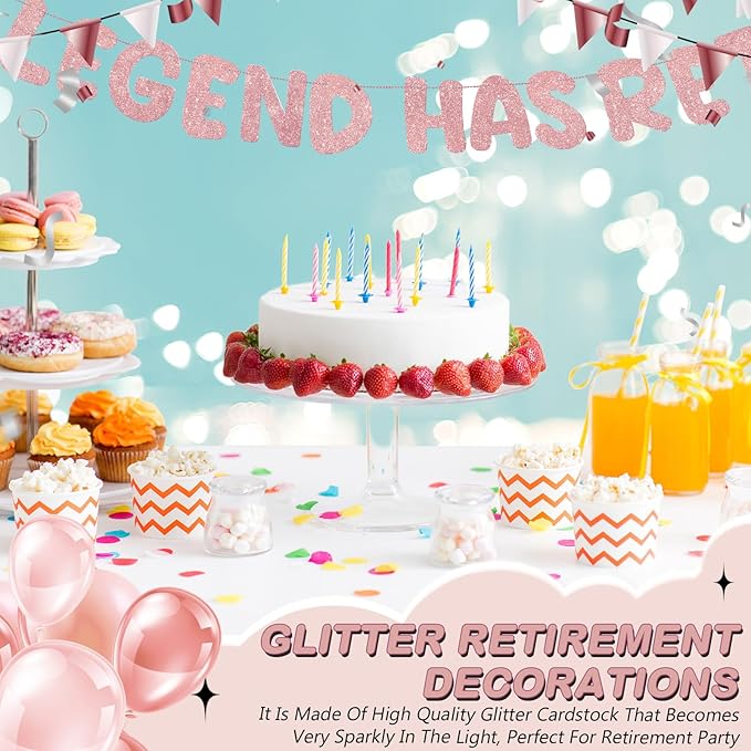 Fulmoon Pre Strung the Legend Has Retired Glitter Banner 9.8 ft Retirement Banner Retirement Party Decorations Garland Bunting for Men Women Gifts, No DIY(Rose Gold)