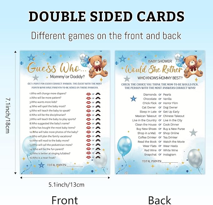 HOMANGA Baby Shower Games for Boy Girl, 4 Fun Games for 25 Guests, Who Knows Mommy Best, Guess Who Mommy or Daddy, Word Scramble, Baby's Descriptions & Well Wishes, Blue Bear Baby Showers Decorations