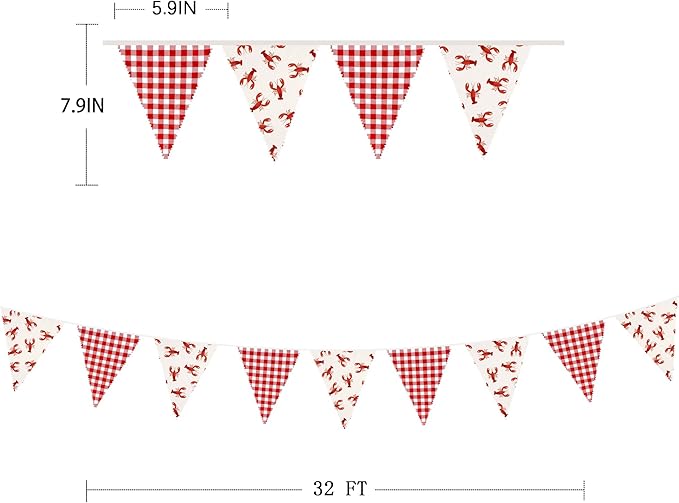 32Ft Crawfish Party Decorations Red Buffalo Plaid Crawfish Pennant Banner Fabric Triangle Flag Garland Streamers for Lobster Birthday Shrimp Seafood Boil Baby Shower Barbecue Party Decor Supplies