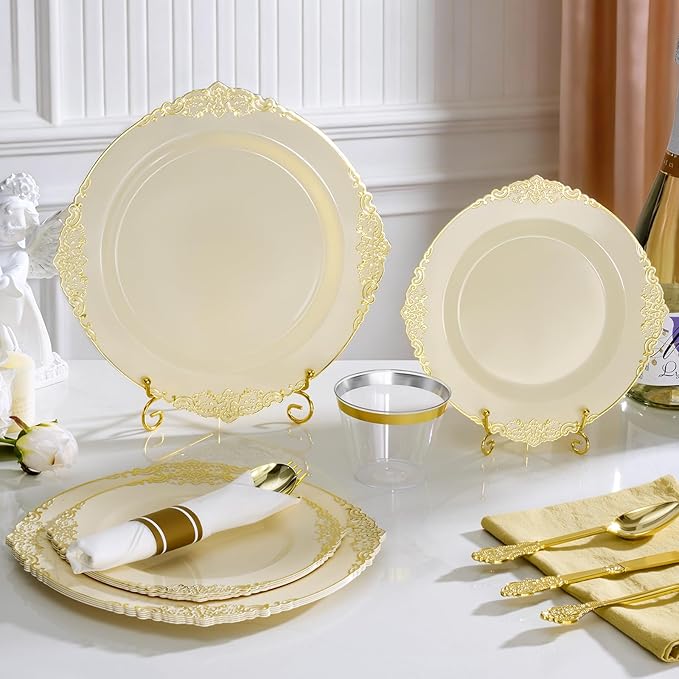 175PCS Ivory Plastic Plates for 25 Guests Disposable Dinnerware Sets Include 50 Plastic Plates, 25 Silverwares, 25 Cups, and 25 Pre Rolled Napkins for Party, Wedding and Graduation