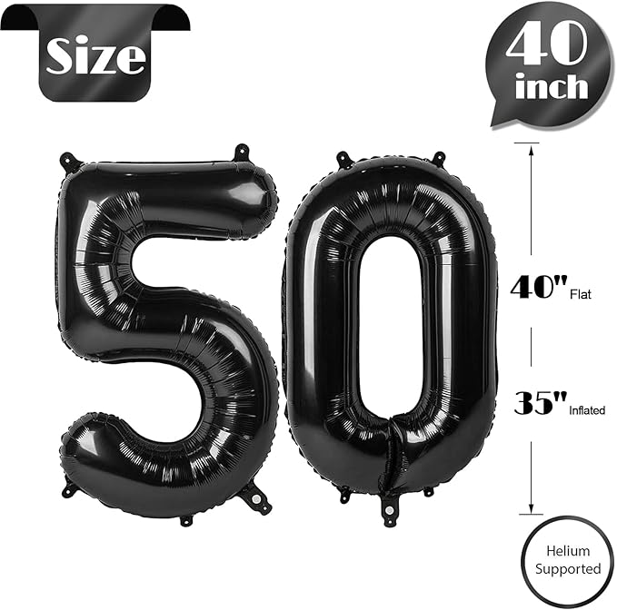 Black Number 50 Balloon 40 inch, 50 Number Balloons, 50th Black Birthday Decorations, 50 Year Old Women Men Party Supplies