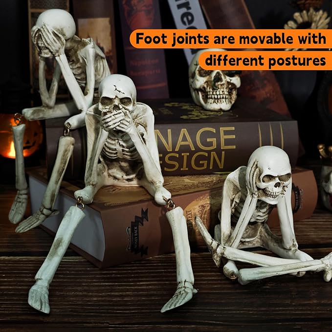Halloween Skeleton Statues Set of 3 – See No Evil, Hear No Evil, Speak No Evil, Resin Skull Figurines for Gothic Home Decorations, Shelf Mantel Decor, Tabletop Halloween Decor Indoor (3-Piece Set)
