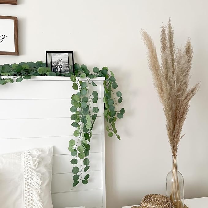 CQURE 8Pcs Eucalyptus Garland,Artificial Eucalyptus Leaves Table Greenery Garland Wreath Spring Vines for Wedding Party Table Bedroom Wall Room Decor