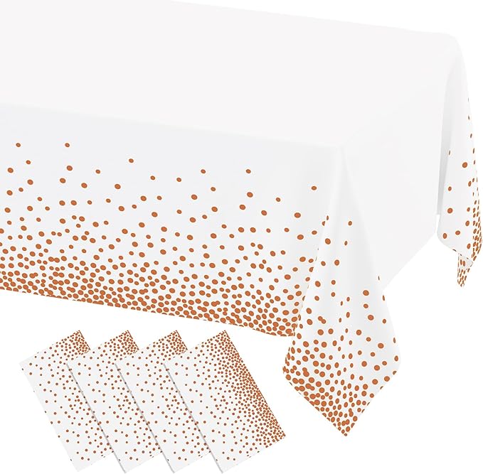 misaya 4 Packs Dot Disposable Table Cloth, 54 x 108 Inch Waterproof Plastic Tablecloth, Rectangle Rose Gold Dots in White Table Covers for Easter, Picnic, Birthday, Party