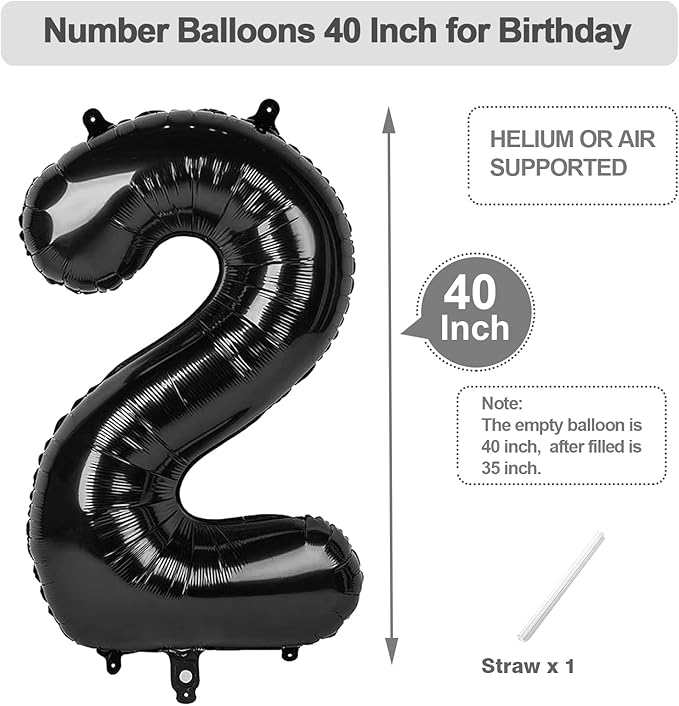 40 Inch Numbers 2 Balloon, Black Balloons for Birthday Party Decoration, Foil Number 2 Ballon for 2, 12, 20, 22, 2026 Celebration, Graduation, Birthday, Baby Shower, Anniversary Decor