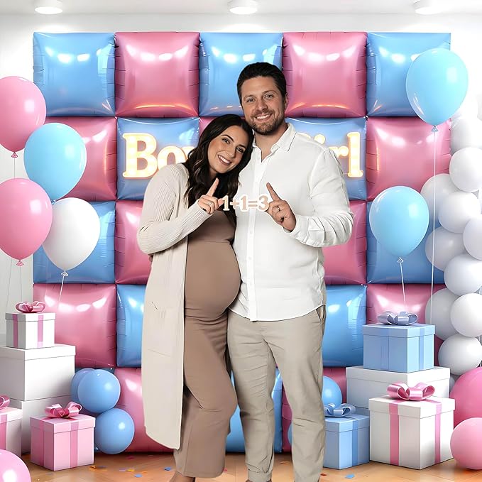 50Pcs Pink and Blue Square Foil Balloons Wall Backdrop, Double Sided Metallic Foil Balloons Tunnel Arch Garland Kit for Photo Booth Birthday Wedding Halloween Christmas Party Decorations