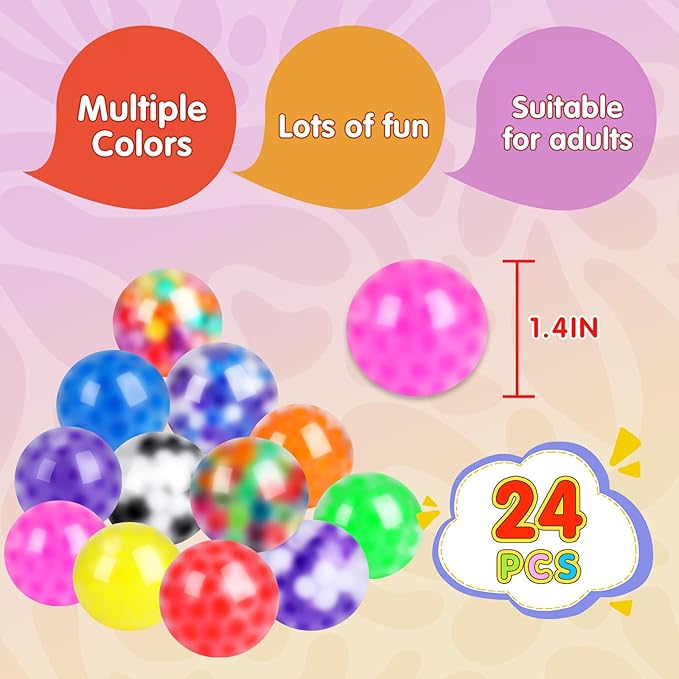 24 Pack Stress Balls, Squishy Ball, Squeeze Balls for Adults, Anti-Anxiety and Fidget Balls to Relax, Party Favors, Birthday Gifts, Goodie Bag Stuffers