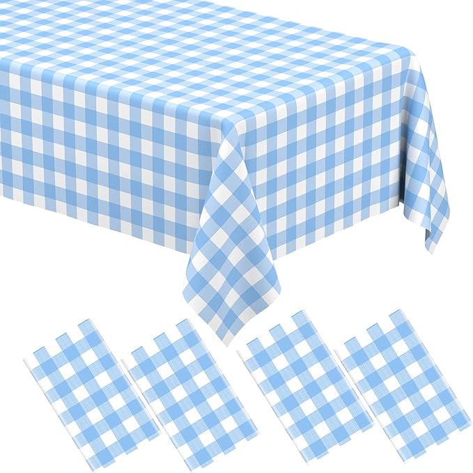 4 Pcs Light Blue Checkered Tablecloth Rectangular Pale Blue and White Gingham Tablecloths Disposable Plastic Plaid Table Cover for Parties, Outdoor Picnic, Birthday, Wedding, Camping 54 × 108 Inch