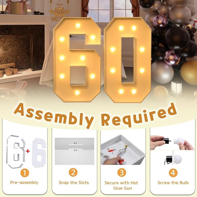imprsv 3FT Marquee Light Up Numbers, Marquee Numbers 60th Birthday Decorations for Women Men, 60th Birthday Women Foam Board Anniversary Party Decorations Arch Kit (DIY)