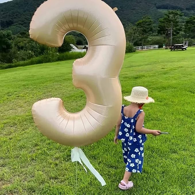 3 Balloon, Number 3 Balloon, 3 Balloon Number 40 Inch, Beige Large Big Foil Number Balloons for Birthday Party Graduation Wedding Anniversary Baby Shower Bachelorette Decoration Supplies