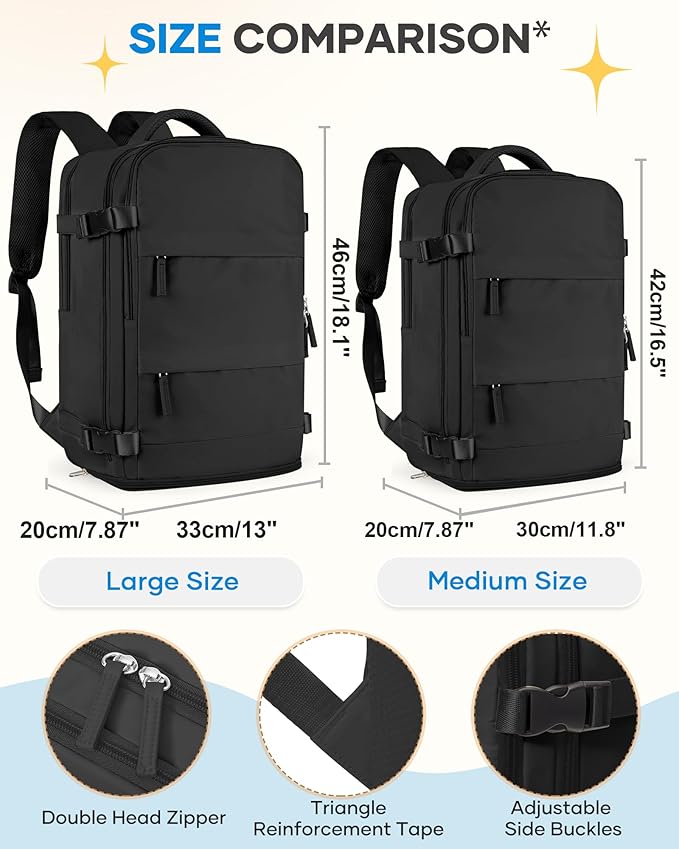 coofay Large Black Travel Backpack For Women Men Airline Approved Carry On Backpack Flight Approved Waterproof Sports Luggage Backpacks Casual Daypack Small Hiking Backpacks