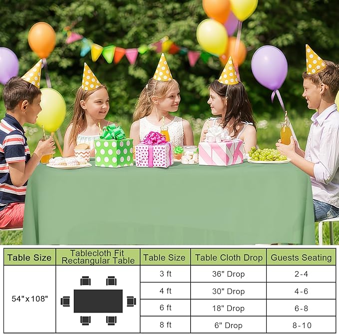 Smiry Disposable Table Cloth - 15 Pack, 54 x 108 Inch Waterproof Rectangle Tablecloths for Parties, Decorative Plastic Table Cover, Leakproof & Sturdy, Sage Green