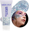 MEICOLY Silver Body Glitter,Chunky Silver Face Hair Mardi Gras Glitter,Halloween Silver Glitter Makeup,Sparkle Face Paint for Women and Kids,Music Festival Party Outfits for Women Accessories
