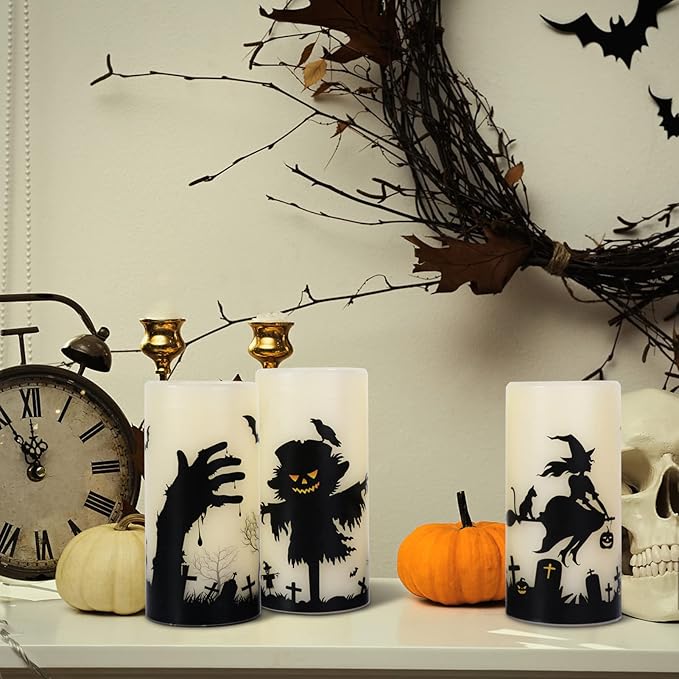 Eldnacele Halloween Flickering Candles Set of 3 Battery Operated Halloween Themed LED Candles Horror Spooky Decoration…