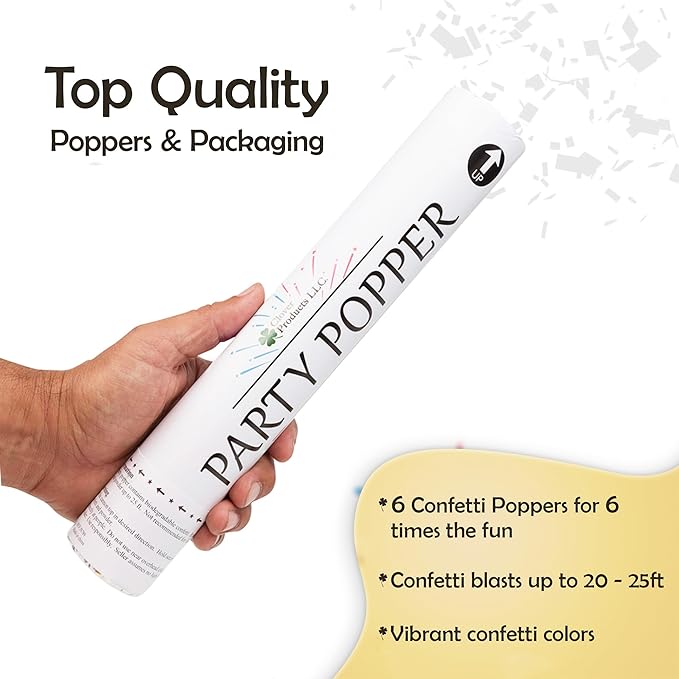 Clover Products 12" Biodegradable Confetti Cannons | 6 Pack | White Poppers for Weddings, Birthdays & Events | Air-Powered, Safe & Easy to Use | Shoots 25 Feet for Indoor & Outdoor Celebrations